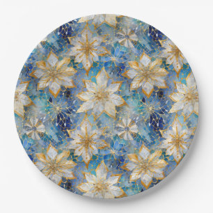 Blue White Gold Christmas Poinsettias Paper Plates