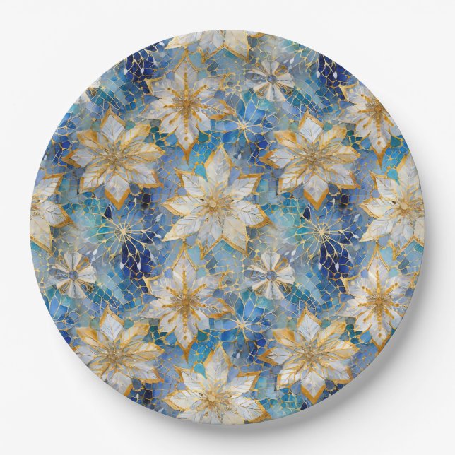 Blue White Gold Christmas Poinsettias Paper Plates (Front)