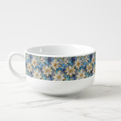 Blue White Gold Christmas Poinsettias Soup Mug