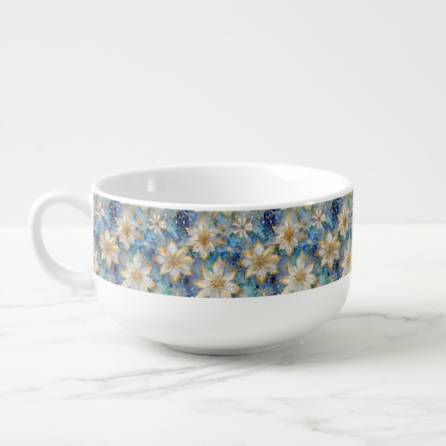 Blue White Gold Christmas Poinsettias Soup Mug (Right)