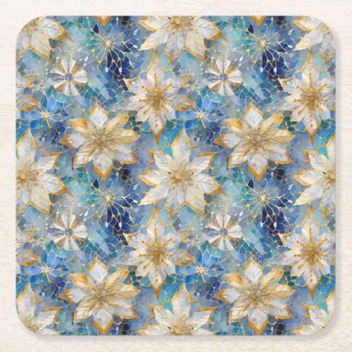 Blue White Gold Christmas Poinsettias Square Paper Coaster