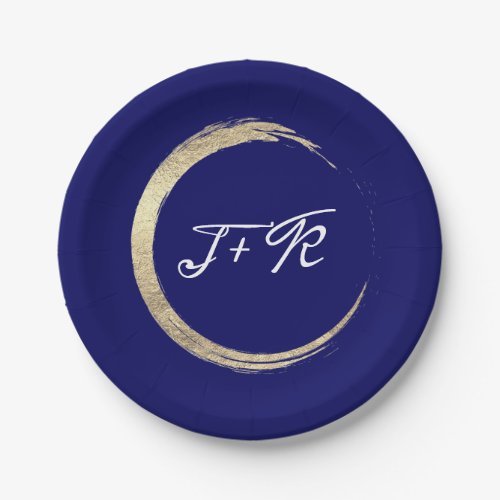 Blue White Gold Circle Monogram Initials Minimal  Paper Plates