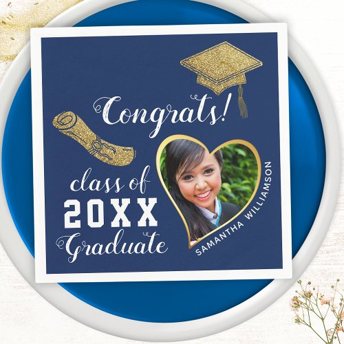 Blue White Gold Class 2024 Grad Photo Graduation Napkins