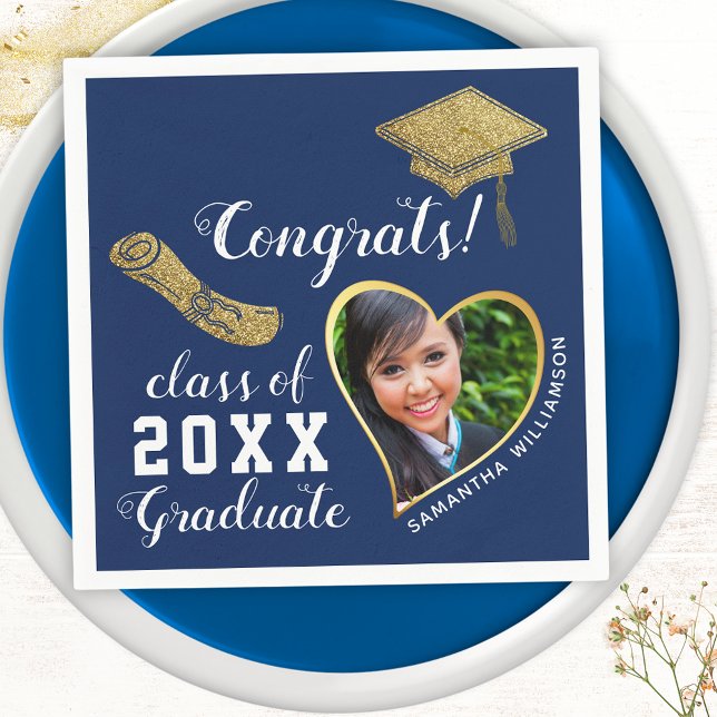 Blue White Gold Class 2026 Grad Photo Graduation Napkins (Creator Uploaded)