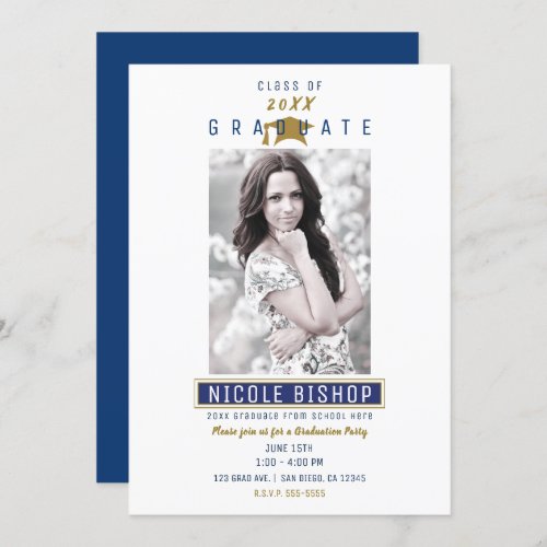 Blue White Gold Colors Photo Graduation Party   Invitation