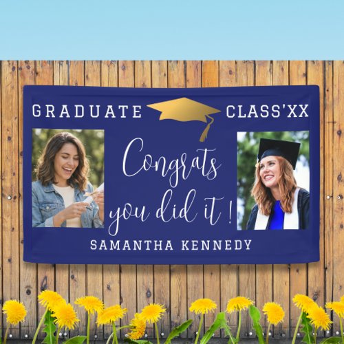 Blue White Gold Congrats 2 Photo Graduation 2026 Banner