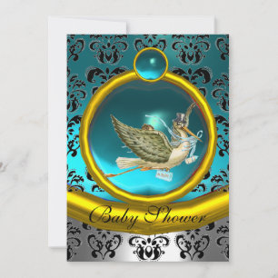 BLUE WHITE GOLD DAMASK STORK BABY SHOWER MONOGRAM INVITATION