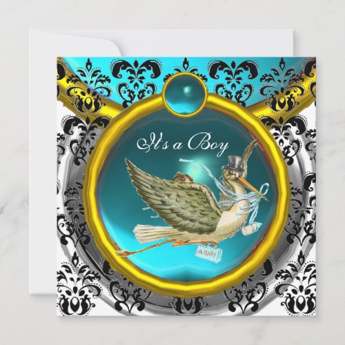 BLUE WHITE GOLD DAMASK STORK BABY SHOWER MONOGRAM INVITATION