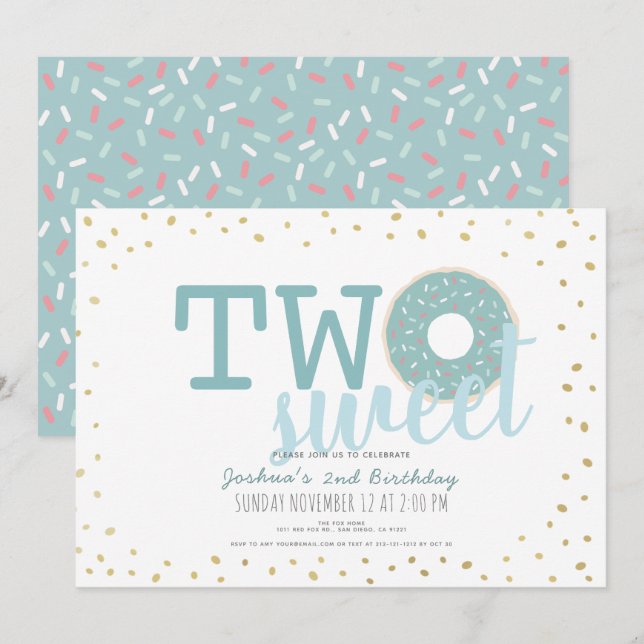 Blue White Gold Donut Two Sweet Boy 2nd Birthday Invitation (Front/Back)