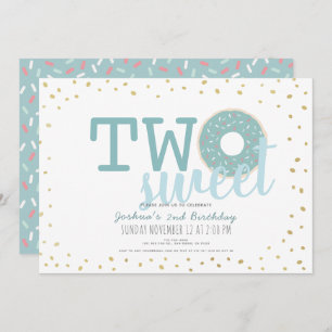 Blue White Gold Donut Two Sweet Boy 2nd Birthday Invitation