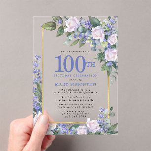 Blue White Gold Floral 100th Birthday Acrylic Invitations