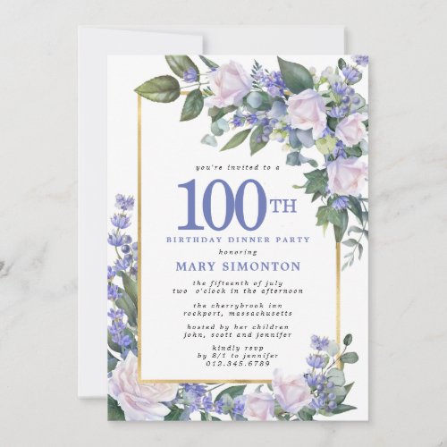 Blue White Gold Floral 100th Birthday Dinner
