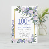 Blue White Gold Floral 100th Birthday Invitation (Standing Front)