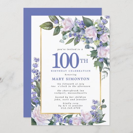 Blue White Gold Floral 100th Birthday Invitation | Zazzle.com