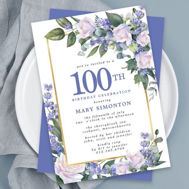 Blue White Gold Floral 100th Birthday Invitation (Creator Uploaded)
