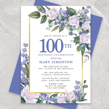 Blue White Gold Floral 100th Birthday Invitation by Celebrais at Zazzle