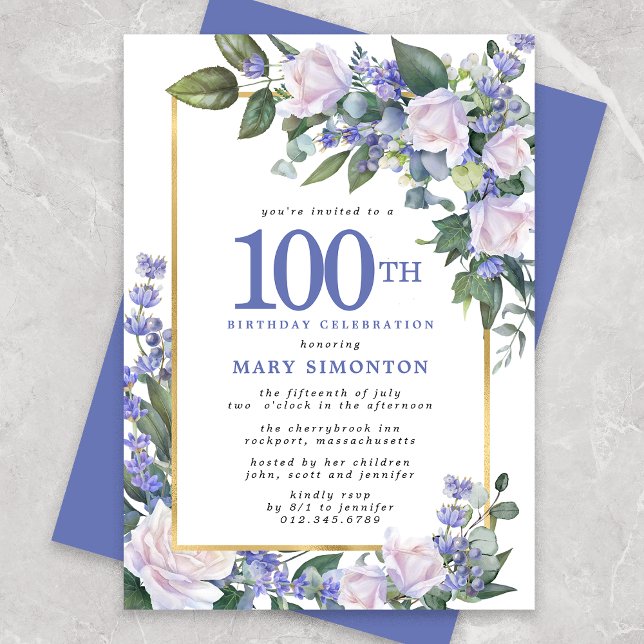 Blue White Gold Floral 100th Birthday Invitation (Creator Uploaded)