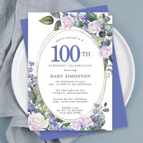 Blue White Gold Floral 100th Birthday Invitation