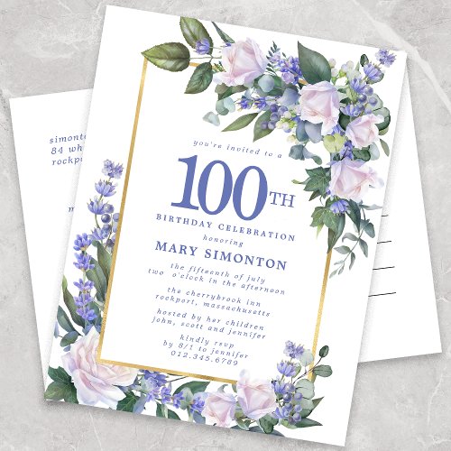 Blue White Gold Floral 100th Birthday Party Invitation Postcard