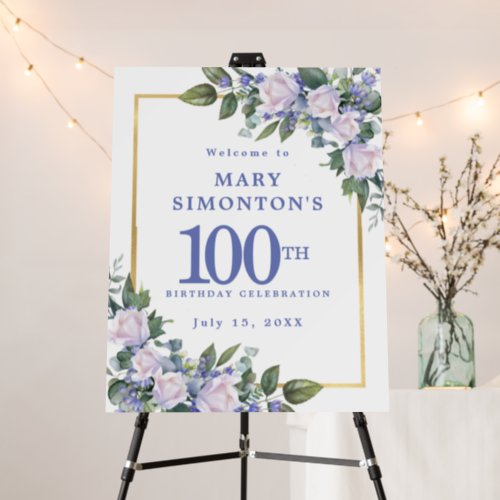 Blue White Gold Floral 100th Birthday Welcome Sign