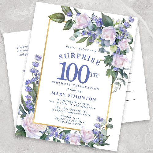 Blue White Gold Floral 100th Surprise Birthday Invitation Postcard