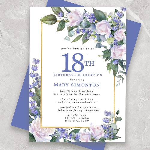 Blue White Gold Floral 18th Birthday Invitation