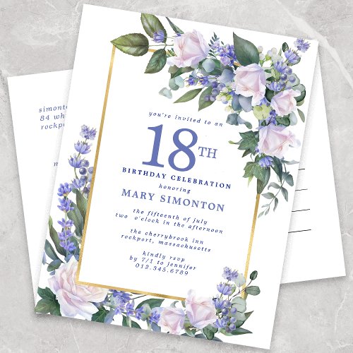 Blue White Gold Floral 18th Birthday Party  Invitation Postcard