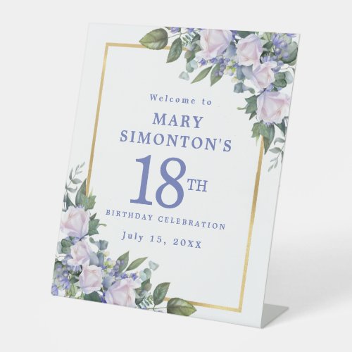 Blue White Gold Floral 18th Birthday Welcome Pedestal Sign