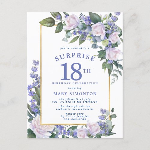 Blue White Gold Floral 18th Surprise Birthday Invitation Postcard