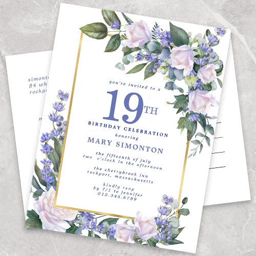 Blue White Gold Floral 19th Birthday Party  Invitation Postcard