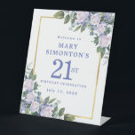 Blue White Gold Floral 21st Birthday Welcome Pedestal Sign<br><div class="desc">Honor a special woman with this elegant and feminine 21st Birthday Party welcome sign. 21st is written in large blue text. Birthday celebration follows. The honored guest's name is also in blue capital letters. The birthday celebration details are surrounded by a chic gold frame that is decorated with white roses...</div>