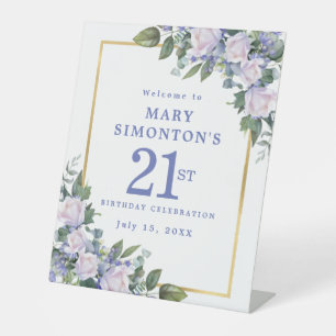 Blue White Gold Floral 21st Birthday Welcome Pedestal Sign