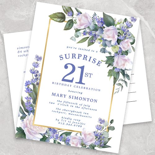 Blue White Gold Floral 21st Surprise Birthday Invitation Postcard