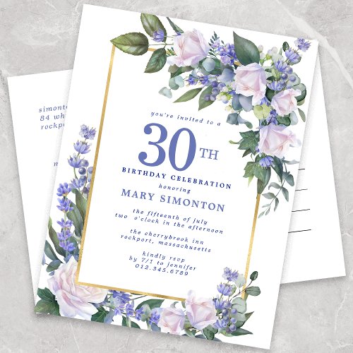 Blue White Gold Floral 30th Birthday Party  Invitation Postcard