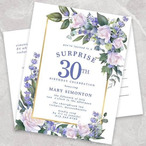 Blue White Gold Floral 30th Surprise Birthday Invitation Postcard