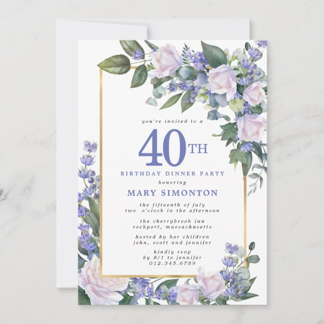 Blue White Gold Floral 40th Birthday Dinner Invitation (Front)