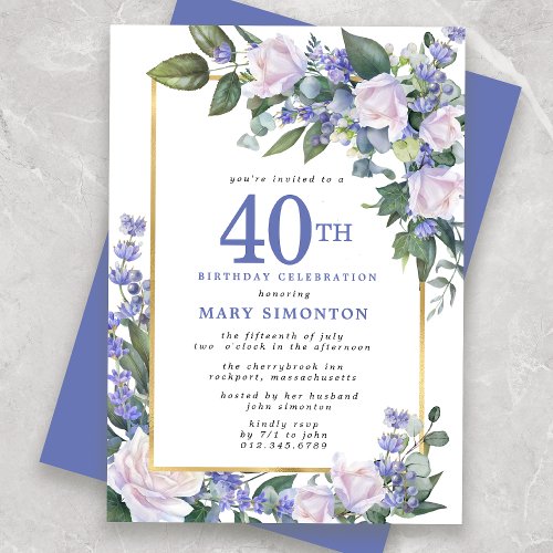 Blue White Gold Floral 40th Birthday Invitation