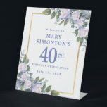 Blue White Gold Floral 40th Birthday Welcome Pedestal Sign<br><div class="desc">Honor a special woman with this elegant and feminine 40th Birthday Party welcome sign. 40th is written in large blue text. Birthday celebration follows. The honored guest's name is also in blue capital letters. The birthday celebration details are surrounded by a chic gold frame that is decorated with white roses...</div>
