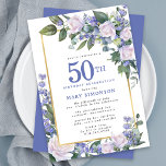 Blue White Gold Floral 50th Birthday Invitation<br><div class="desc">Honor a special woman with this elegant and feminine 50th Birthday party invitation. 50th is written in large blue text. Birthday celebration follows. The honored guest's name is also in blue capital letters. The remainder of the text is soft dove grey. The birthday celebration details are surrounded by a chic...</div>