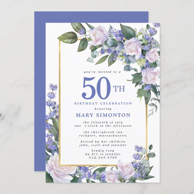 Blue White Gold Floral 50th Birthday Invitation | Zazzle