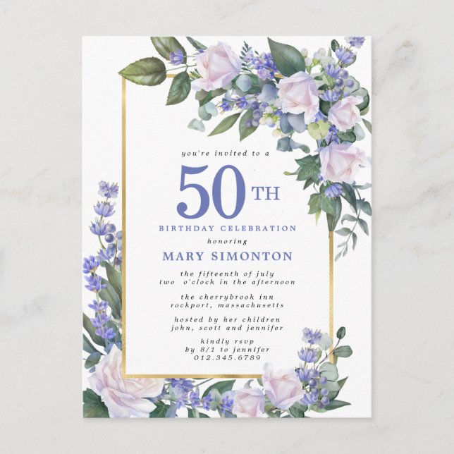 Blue White Gold Floral 50th Birthday Party Invitation Postcard (Front)