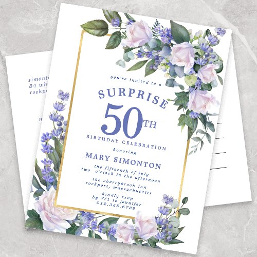 Blue White Gold Floral 50th Surprise Birthday Invitation Postcard