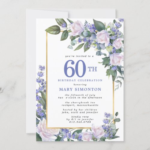 Blue White Gold Floral 60th Birthday Invitation