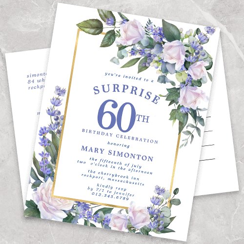 Blue White Gold Floral 60th Surprise Birthday Invitation Postcard