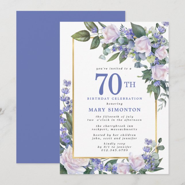 Blue White Gold Floral 70th Birthday Invitation (Front/Back)