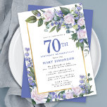 Blue White Gold Floral 70th Birthday Invitation<br><div class="desc">Honor a special woman with this elegant and feminine 70th Birthday party invitation. 70th is written in large blue text. Birthday celebration follows. The honored guest's name is also in blue capital letters. The remainder of the text is soft dove grey. The birthday celebration details are surrounded by a chic...</div>