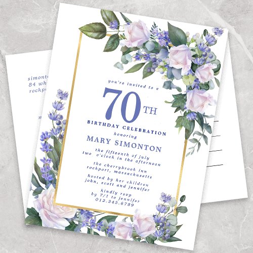Blue White Gold Floral 70th Birthday Party  Invitation Postcard