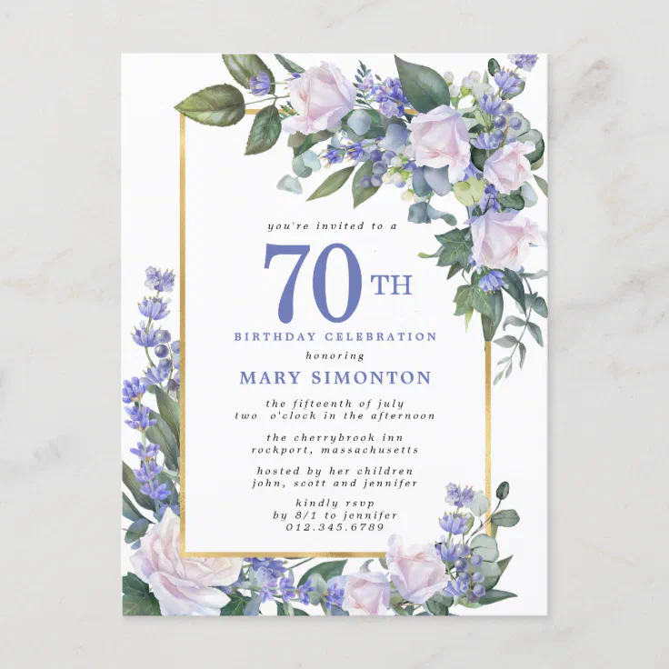 Blue White Gold Floral 70th Birthday Party Invitation Postcard | Zazzle