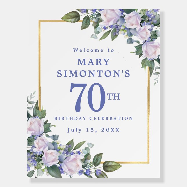 Blue White Gold Floral 70th Birthday Welcome Foam Board (Front)