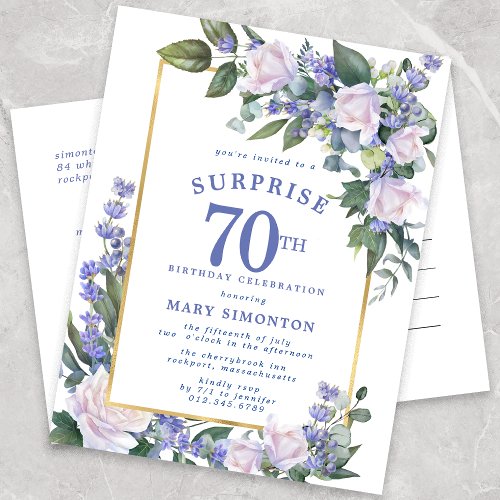 Blue White Gold Floral 70th Surprise Birthday Invitation Postcard